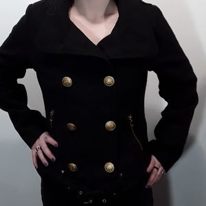 New Dollhouse black wool blend coat with gold buttons and belt size medium